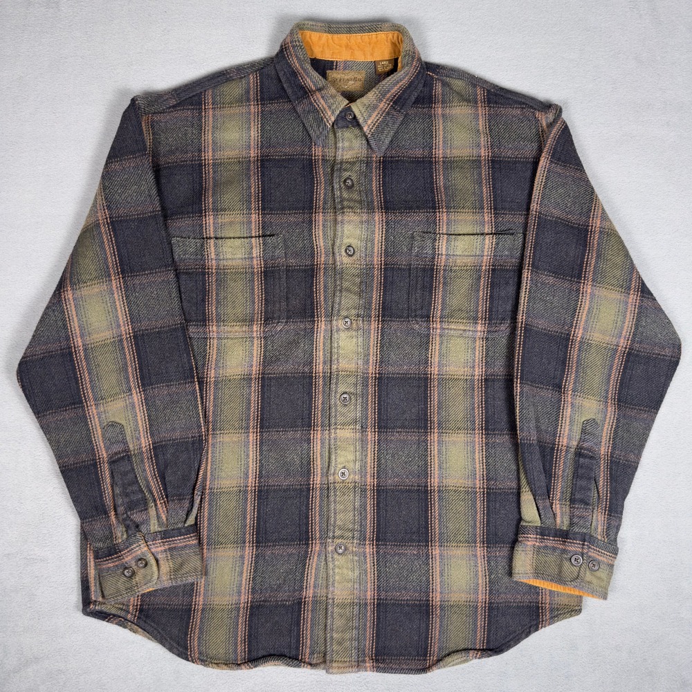 St Johns Bay Heavy Flannel Shirt Mens L Olive Green Orange Plaid Corduroy Collar